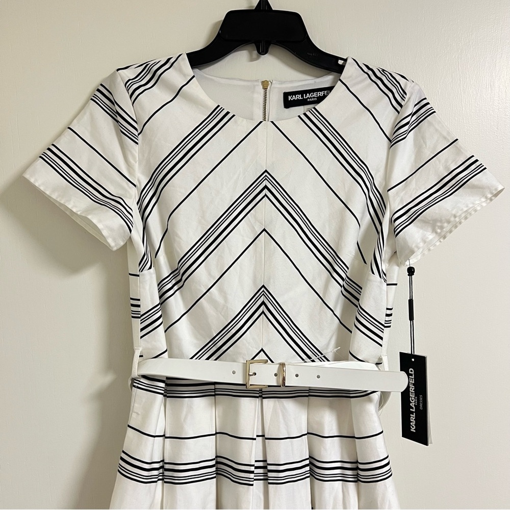 Karl Lagerfeld Paris Chevron Striped Belted Midi Dress Black & White Size 6 NWT - Picture 3 of 14